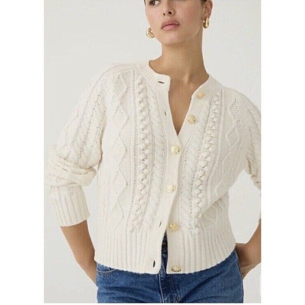 NWT J.Crew Cable-knit Cardigan Sweater in Ivory Wool Blend XL